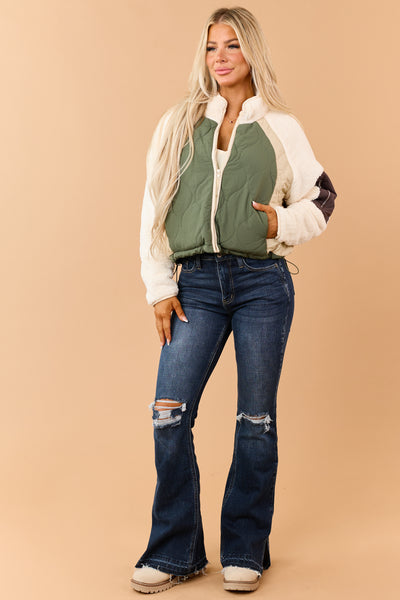 Olive Quilted Faux Sherpa Contrast Zip Up Jacket