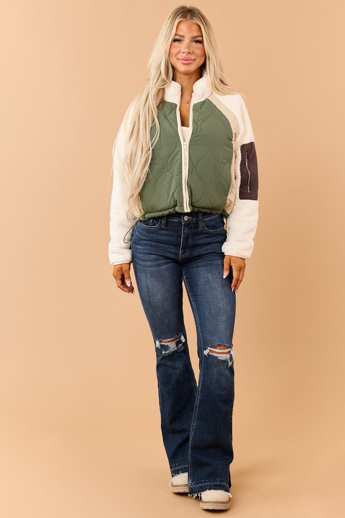Olive Quilted Faux Sherpa Contrast Zip Up Jacket