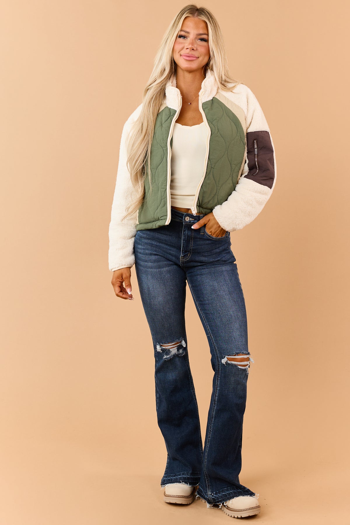 Olive Quilted Faux Sherpa Contrast Zip Up Jacket