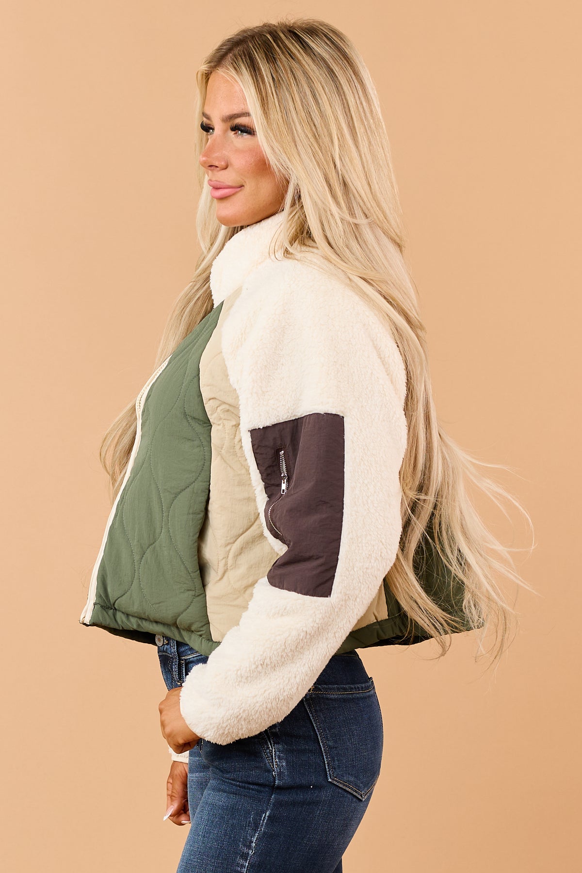 Olive Quilted Faux Sherpa Contrast Zip Up Jacket