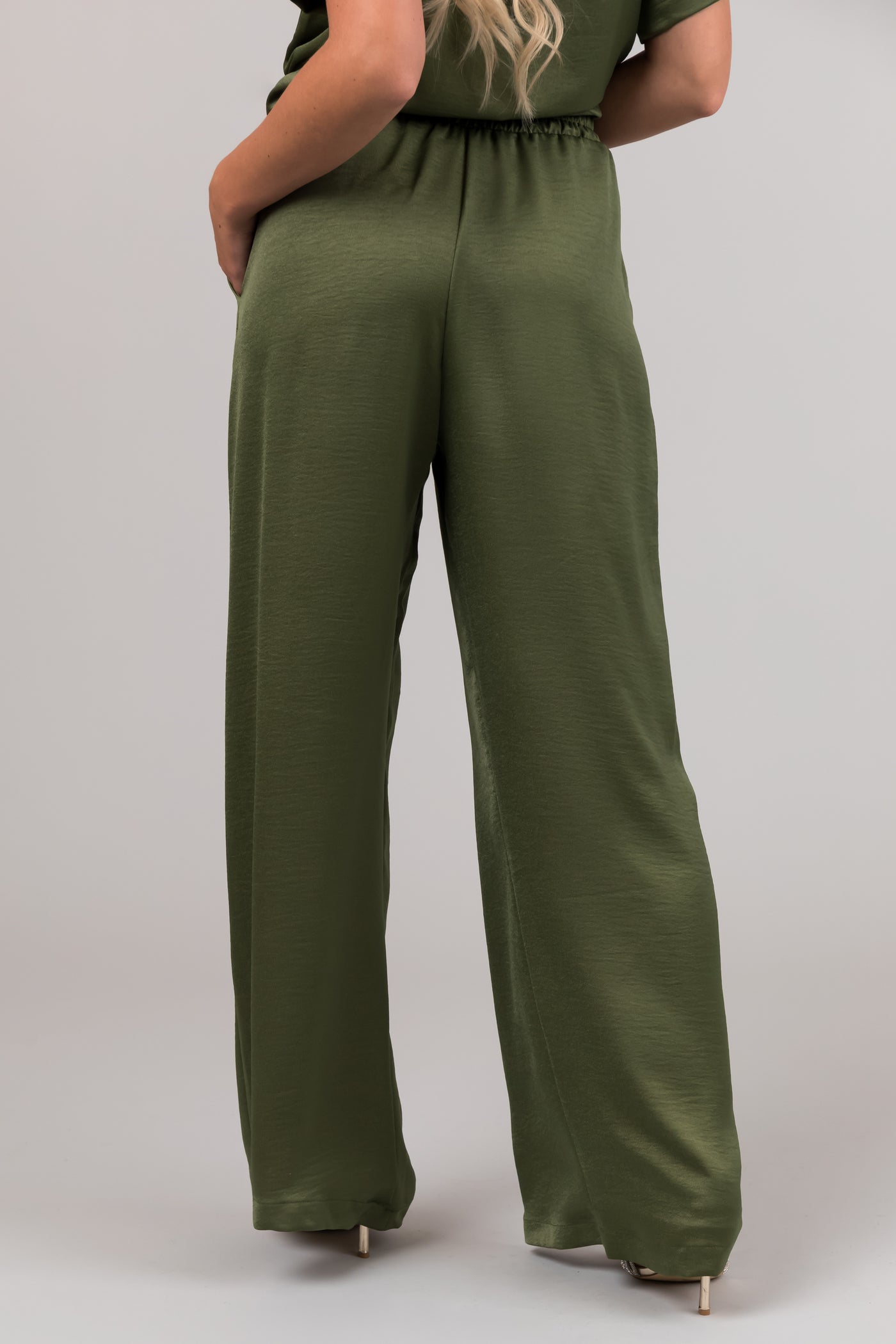 Olive Satin Blouse and Wide Leg Pants Set | Lime Lush