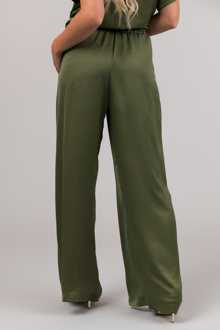Olive Satin Blouse and Wide Leg Pants Set