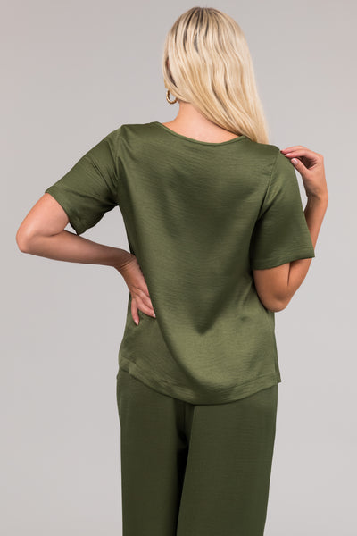Olive Satin Blouse and Wide Leg Pants Set