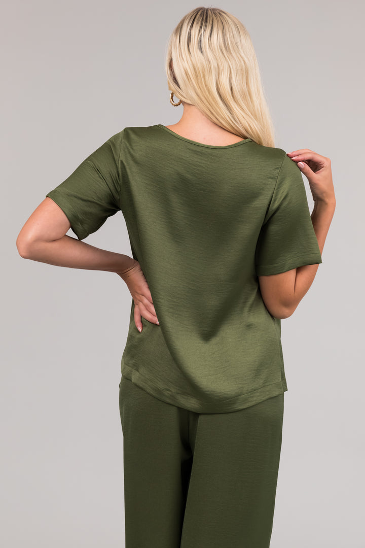 Olive Satin Blouse and Wide Leg Pants Set
