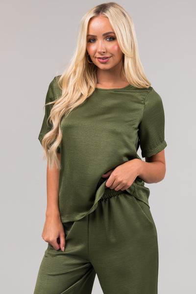 Olive Satin Blouse and Wide Leg Pants Set