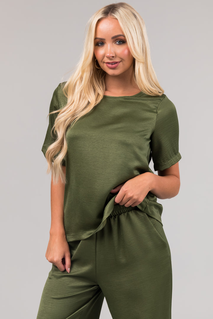 Olive Satin Blouse and Wide Leg Pants Set