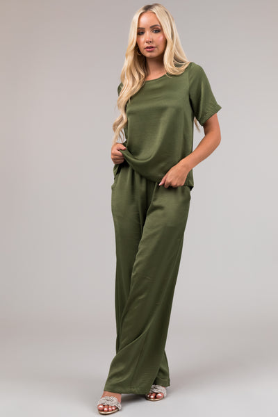 Olive Satin Blouse and Wide Leg Pants Set