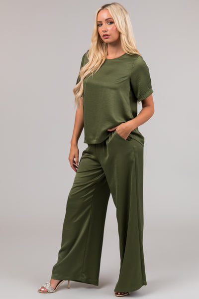 Olive Satin Blouse and Wide Leg Pants Set