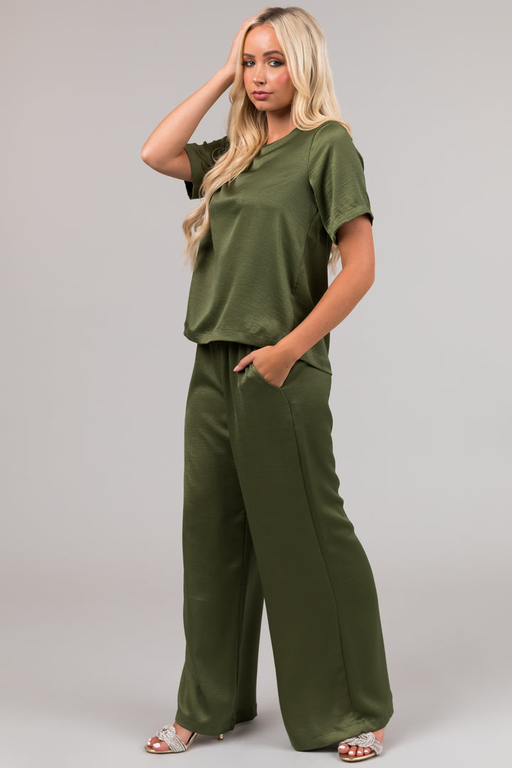Olive Satin Blouse and Wide Leg Pants Set