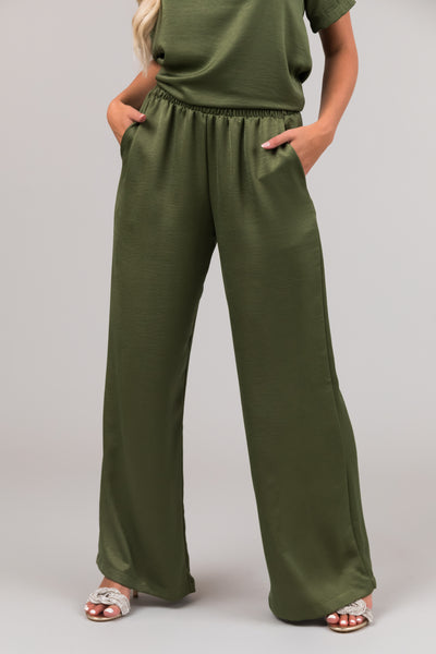 Olive Satin Blouse and Wide Leg Pants Set