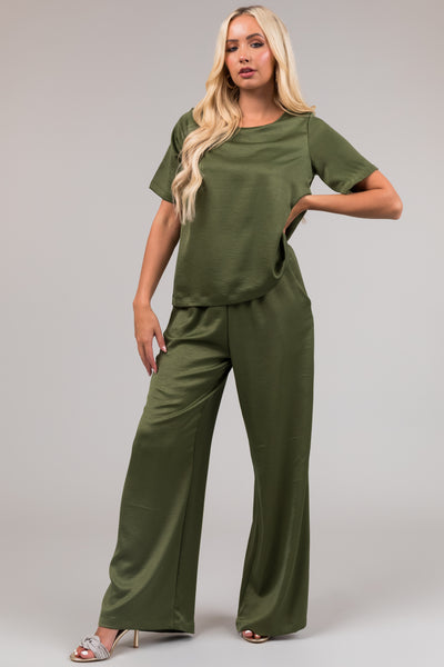 Olive Satin Blouse and Wide Leg Pants Set