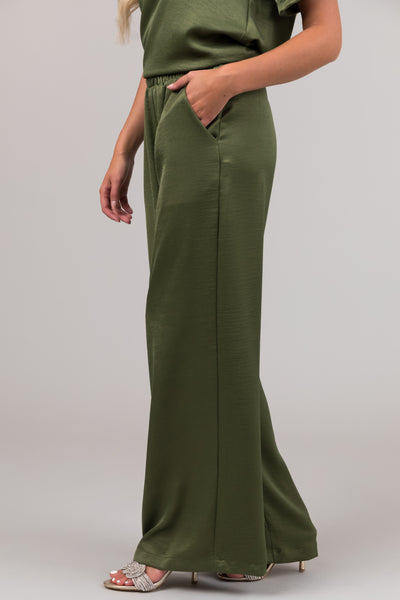 Olive Satin Blouse and Wide Leg Pants Set