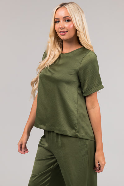 Olive Satin Blouse and Wide Leg Pants Set
