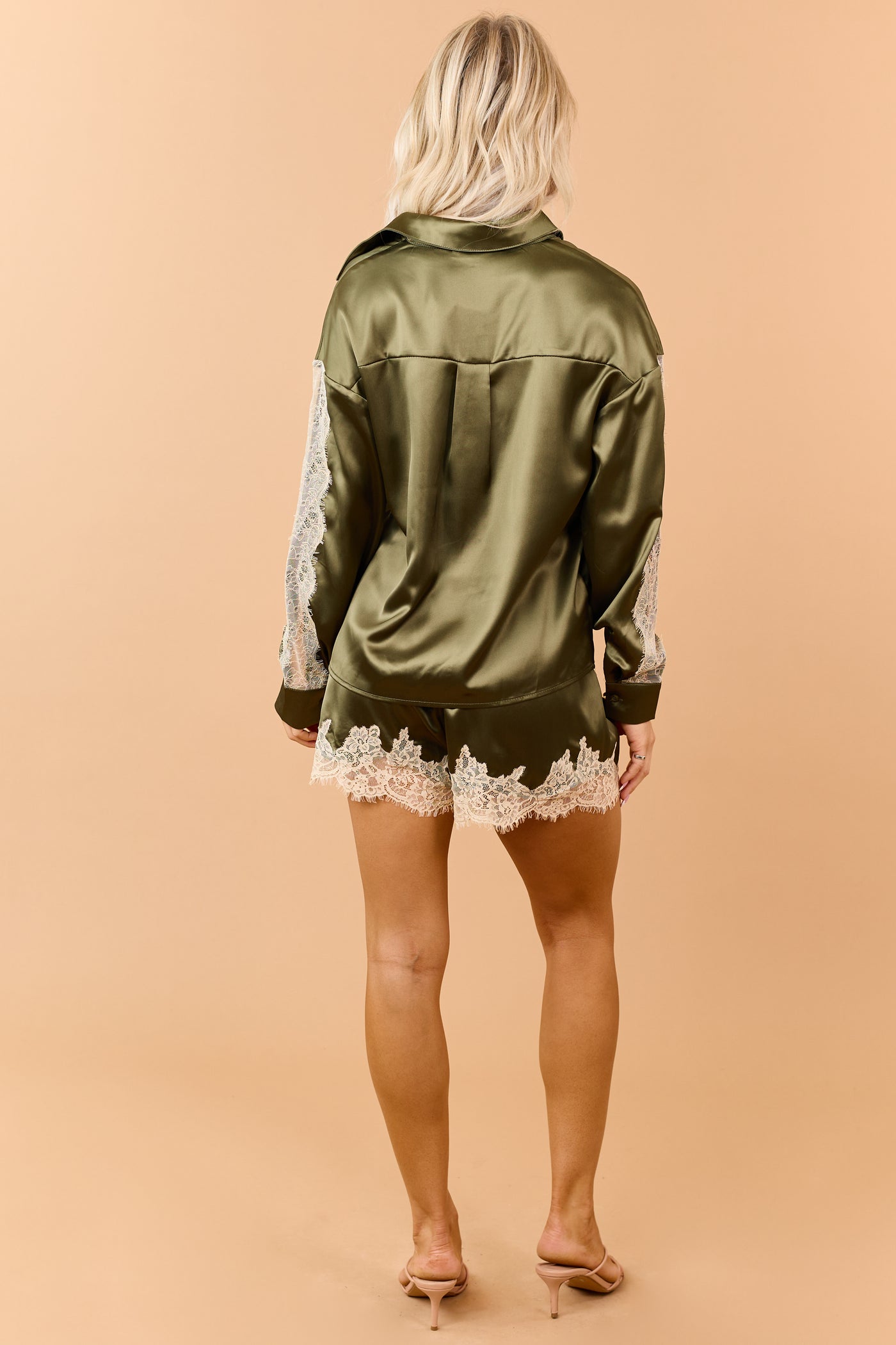 Olive Satin Lace Trim Long Sleeve Top and Shorts Set