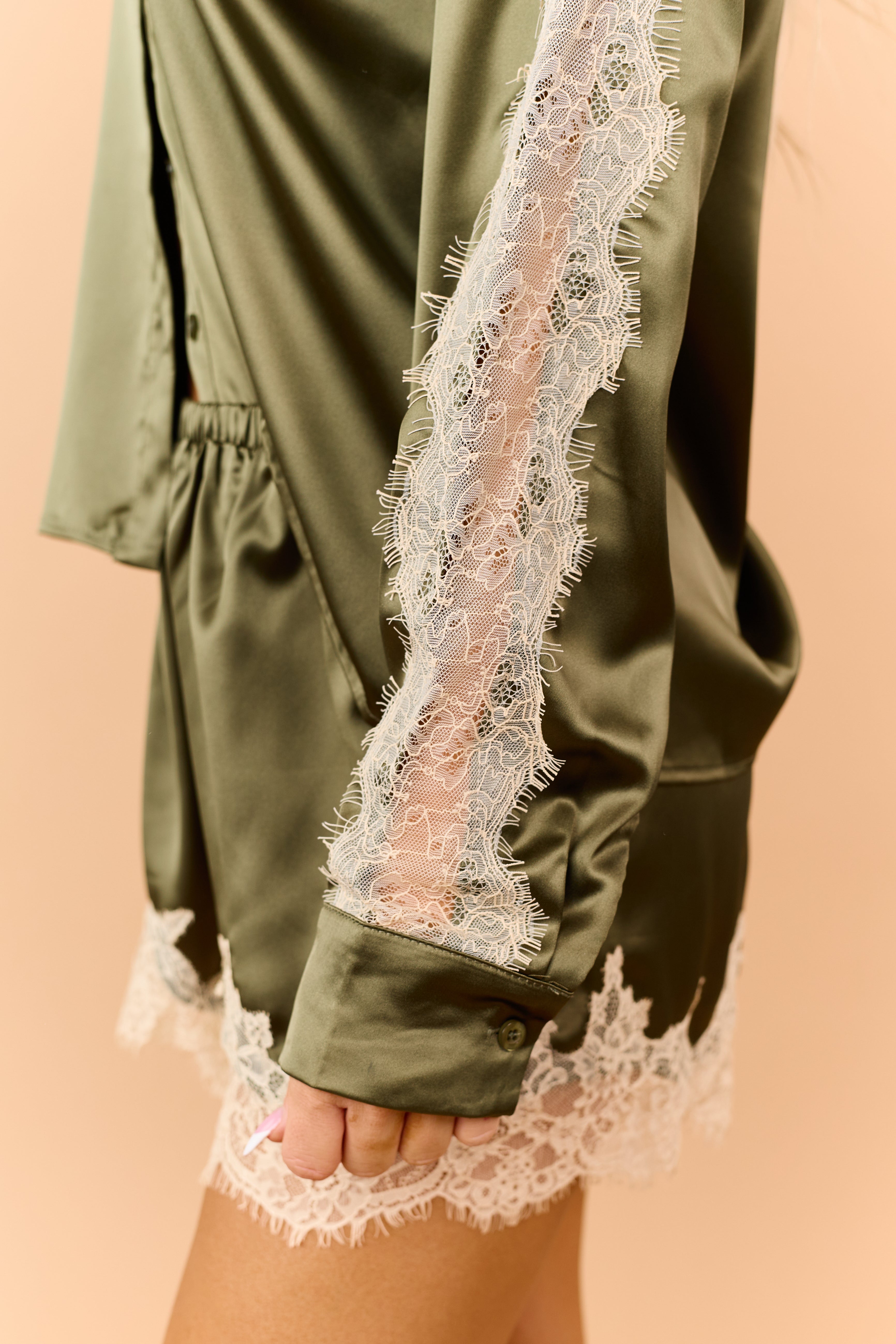 Olive Satin Lace Trim Long Sleeve Top and Shorts Set