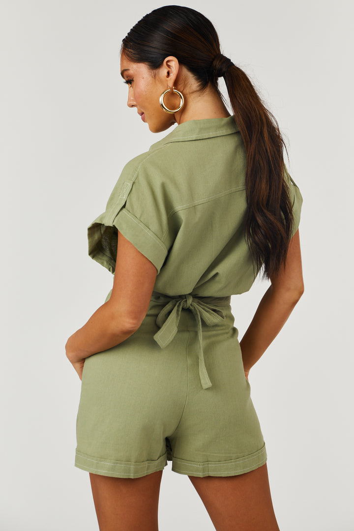 Olive Short Sleeve Button Up Romper with Waist Tie