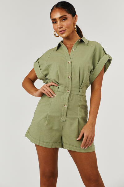 Olive Short Sleeve Button Up Romper with Waist Tie