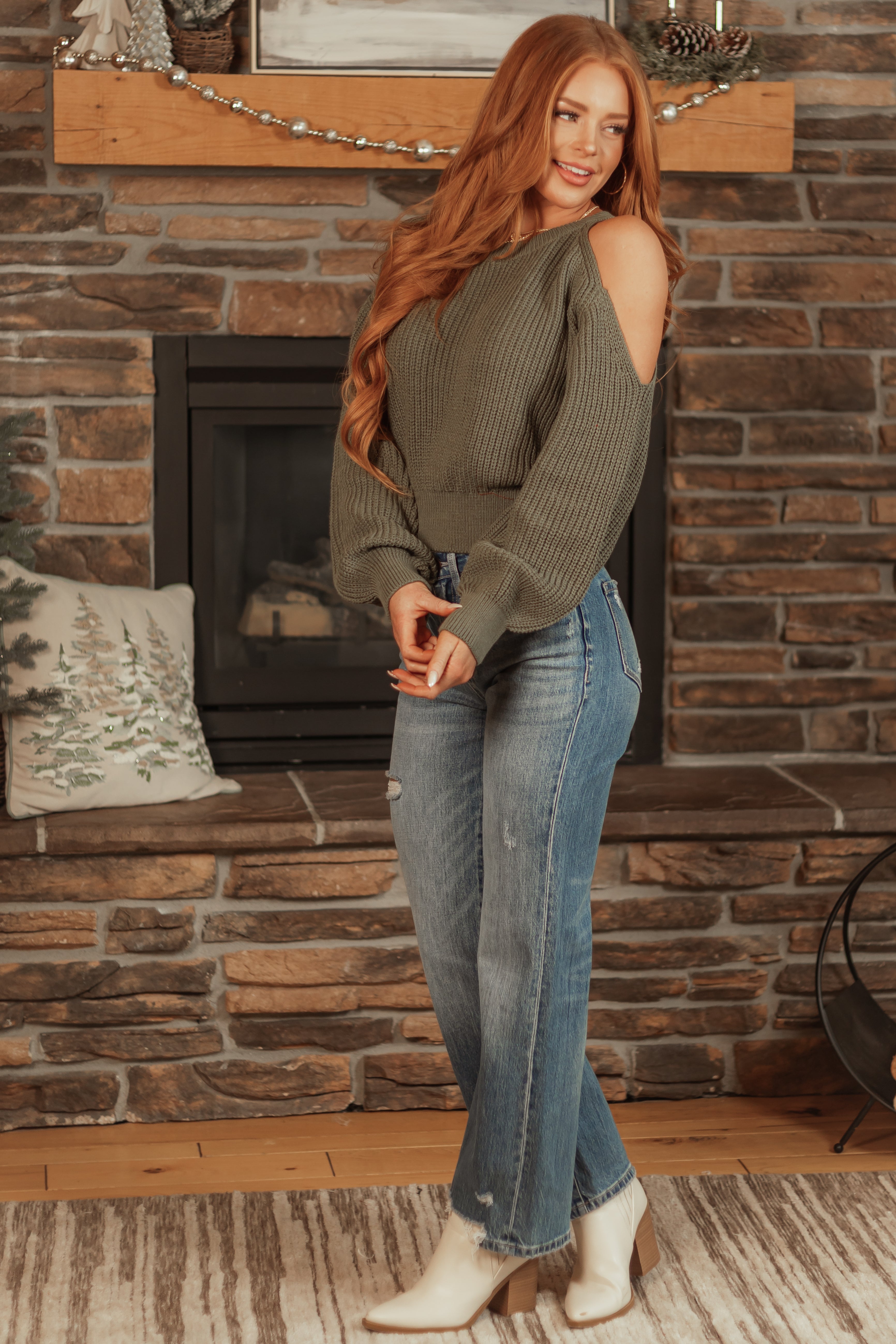 Olive Single Cold Shoulder Cropped Sweater | Lime Lush Boutique