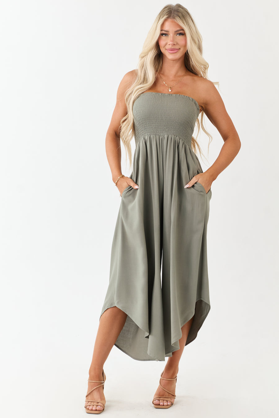 Olive Smocked Bodice Strapless Wide Leg Jumpsuit