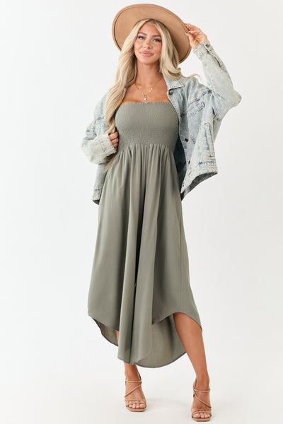 Olive Smocked Bodice Strapless Wide Leg Jumpsuit