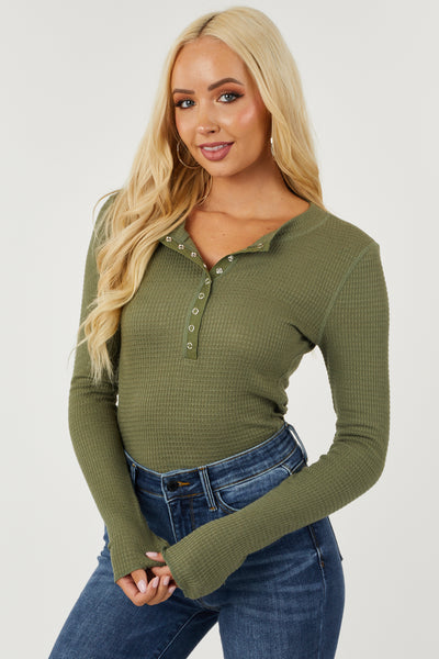 Olive Snap Button Fitted Waffle Knit Top
