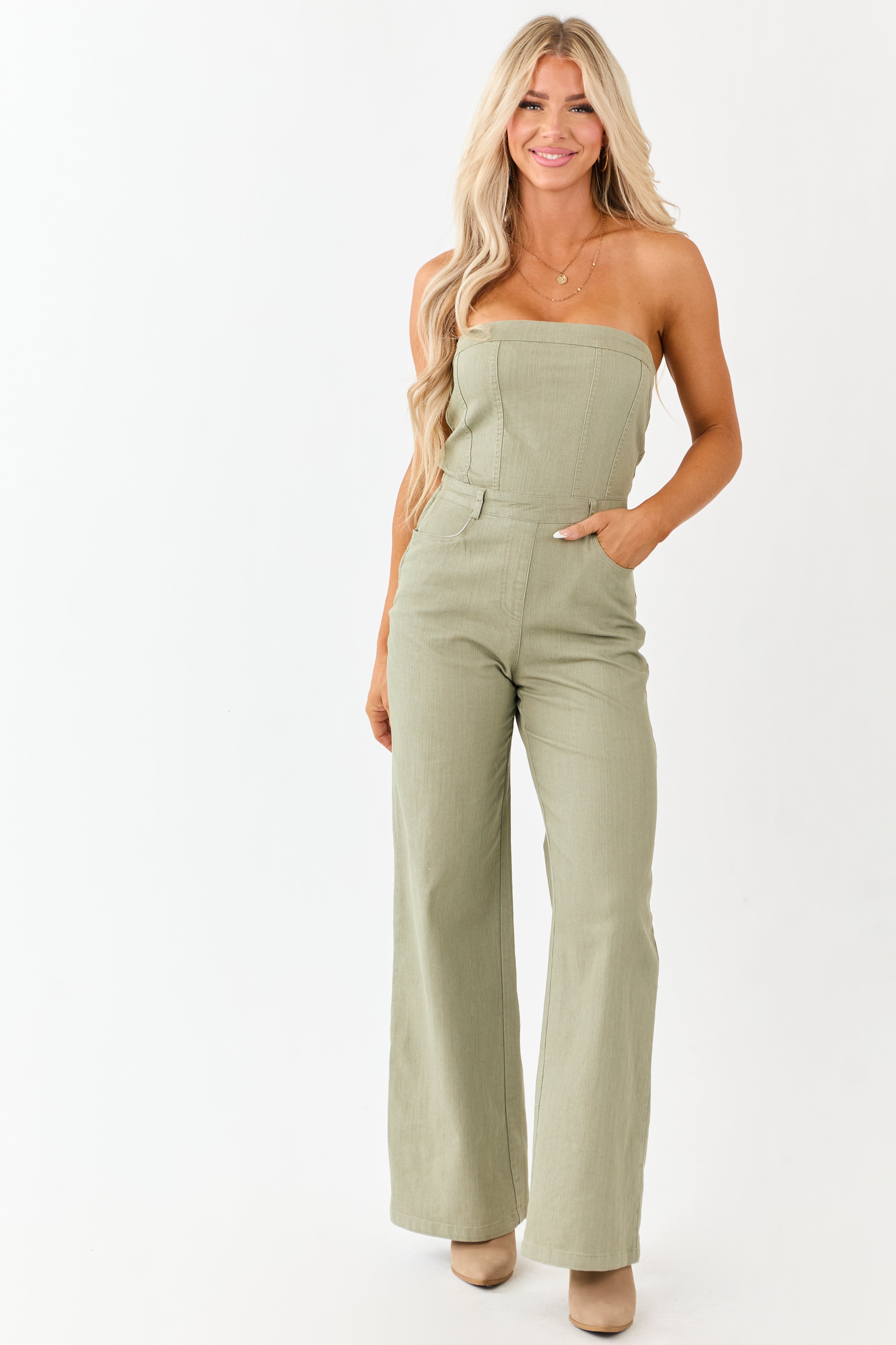 Olive Strapless Wide Leg Denim Jumpsuit | Lime Lush Boutique Olive Strapless Wide Leg Denim Jumpsuit | Lime Lush Boutique