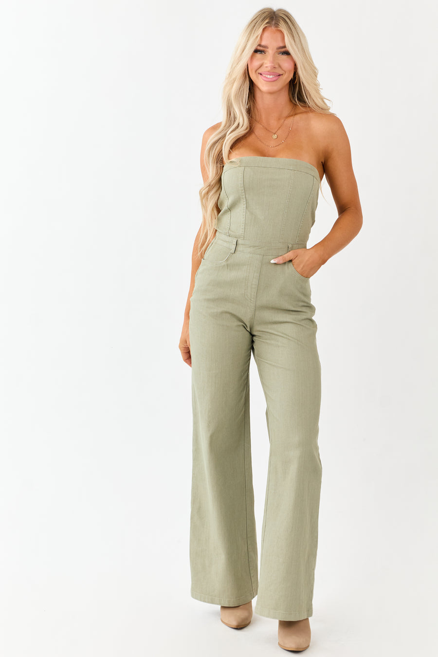 Olive Strapless Wide Leg Denim Jumpsuit