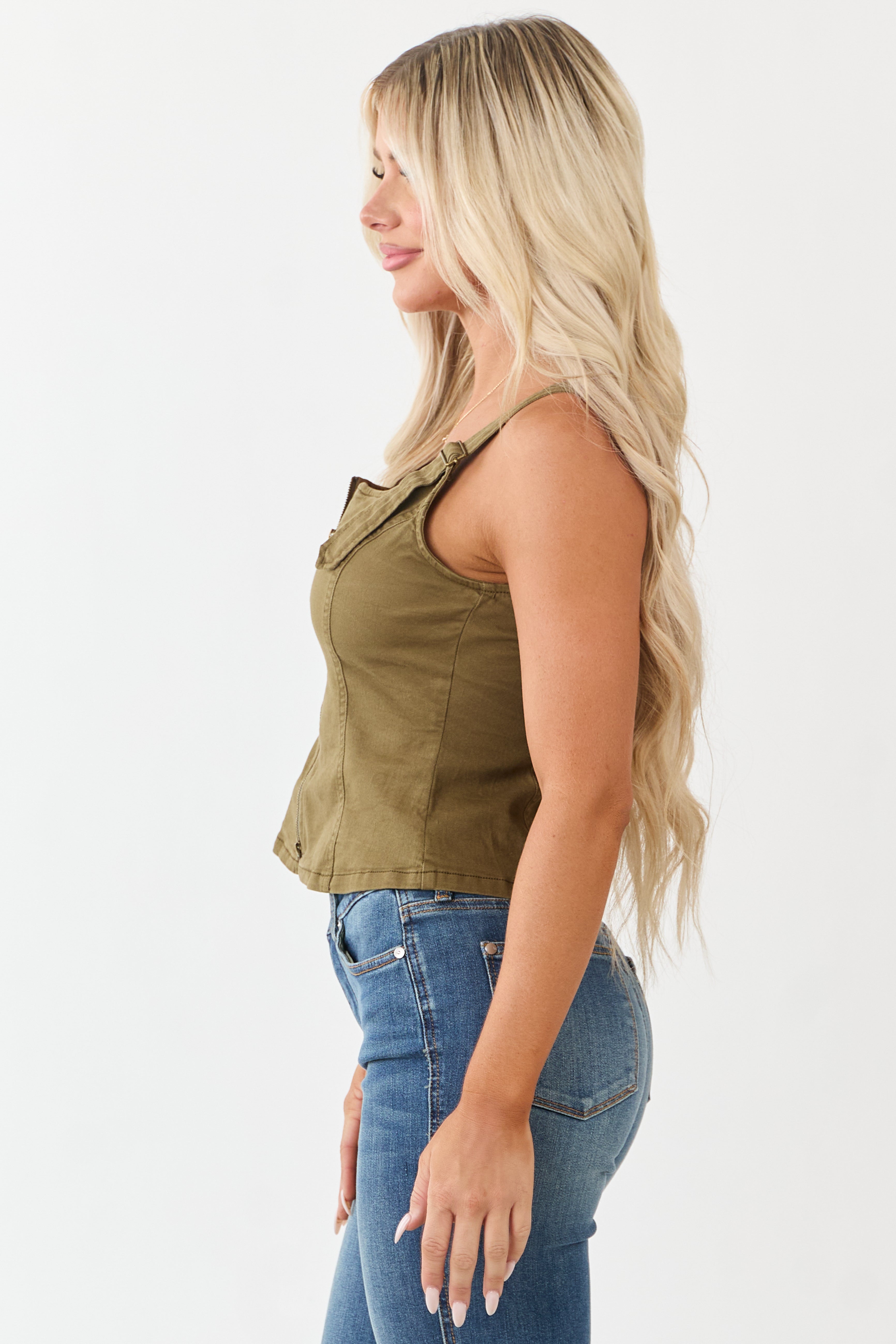 Olive Stretchy Denim Two Way Zipper Tank Top | Lime Lush Boutique