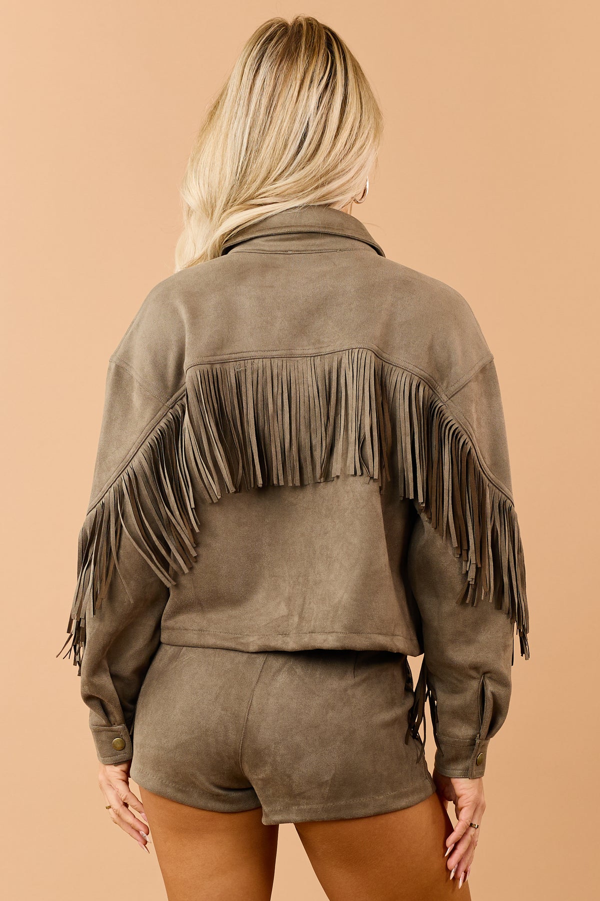 Olive Stretchy Faux Suede Fringe Detail Jacket
