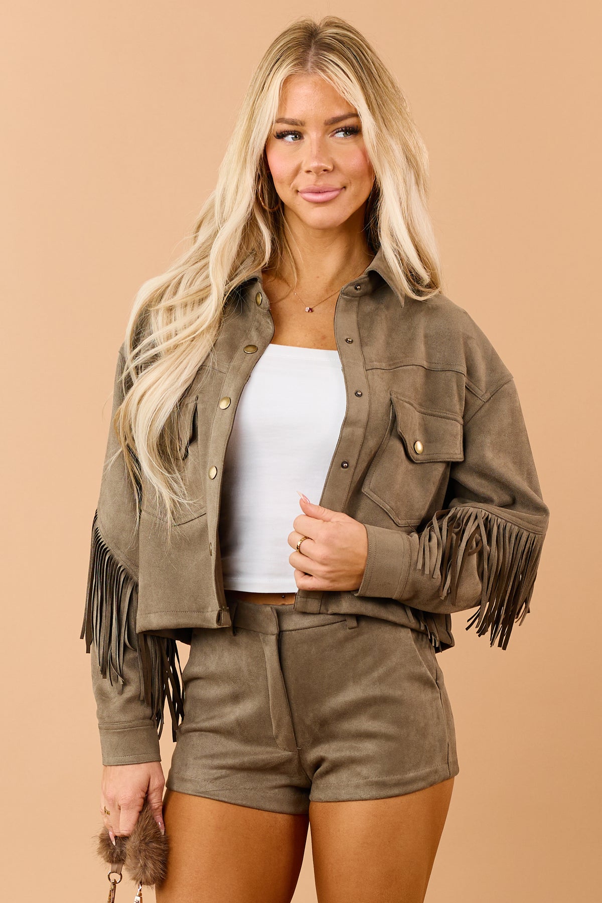 Olive Stretchy Faux Suede Fringe Detail Jacket
