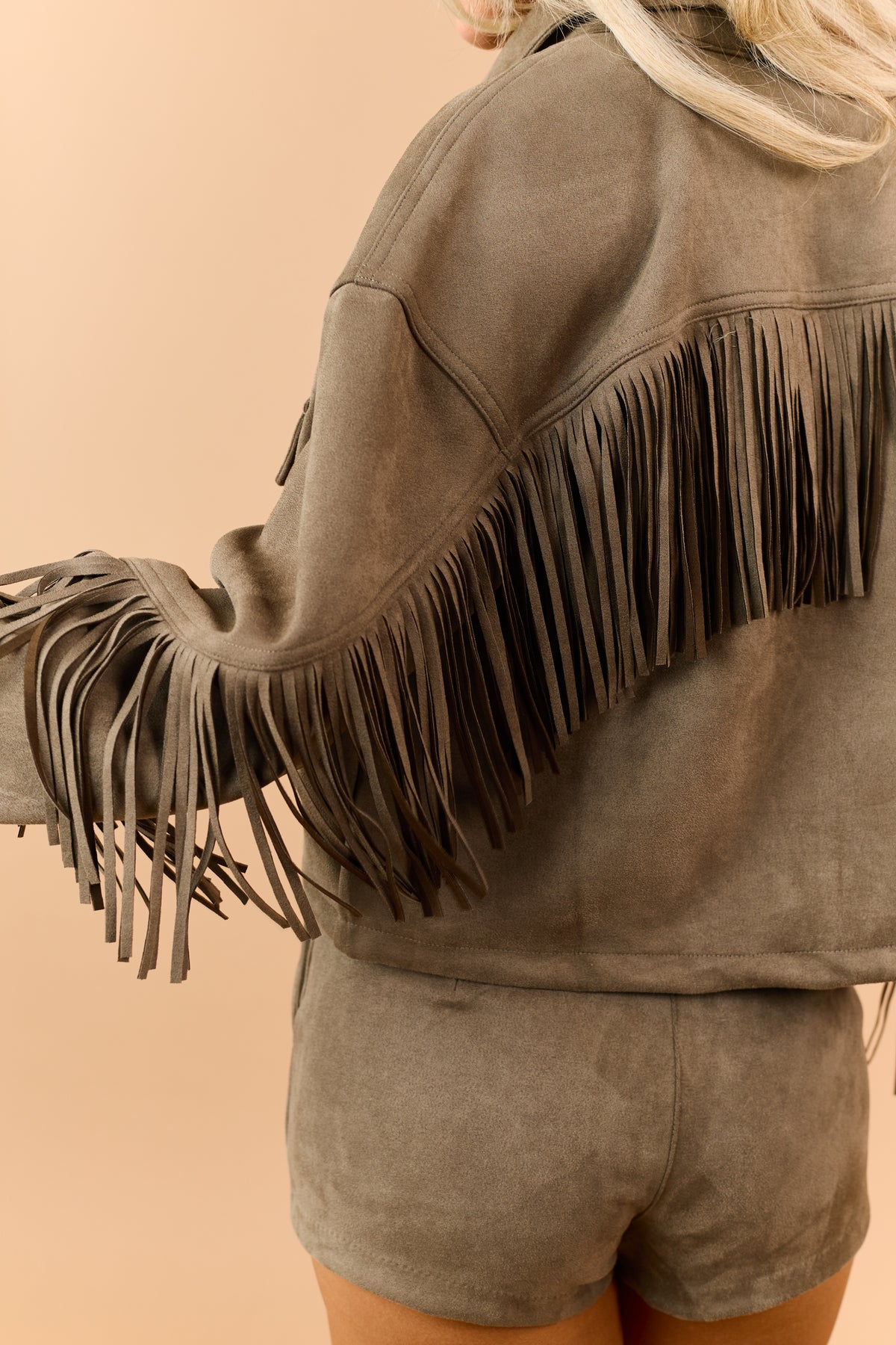 Olive Stretchy Faux Suede Fringe Detail Jacket