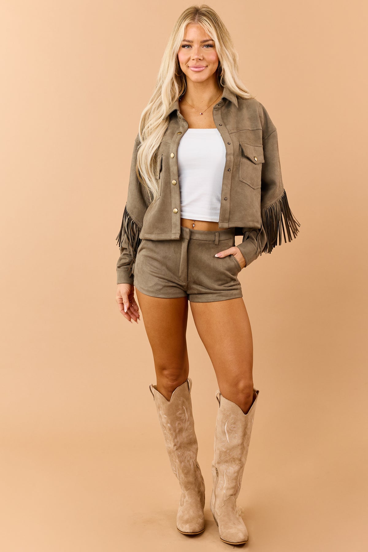 Olive Stretchy Faux Suede Fringe Detail Jacket