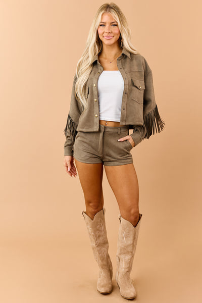 Olive Stretchy Faux Suede Fringe Detail Jacket