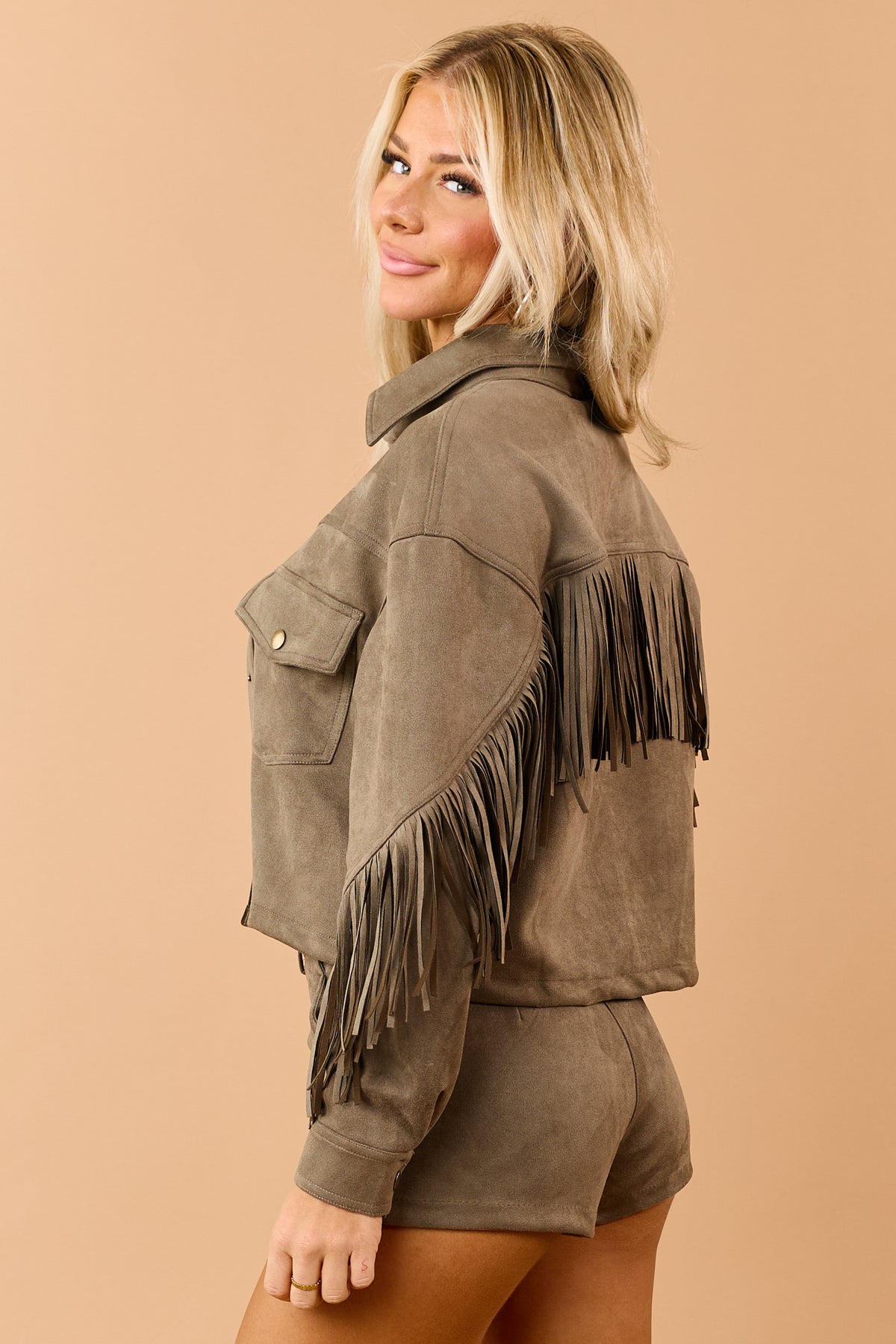 Olive Stretchy Faux Suede Fringe Detail Jacket