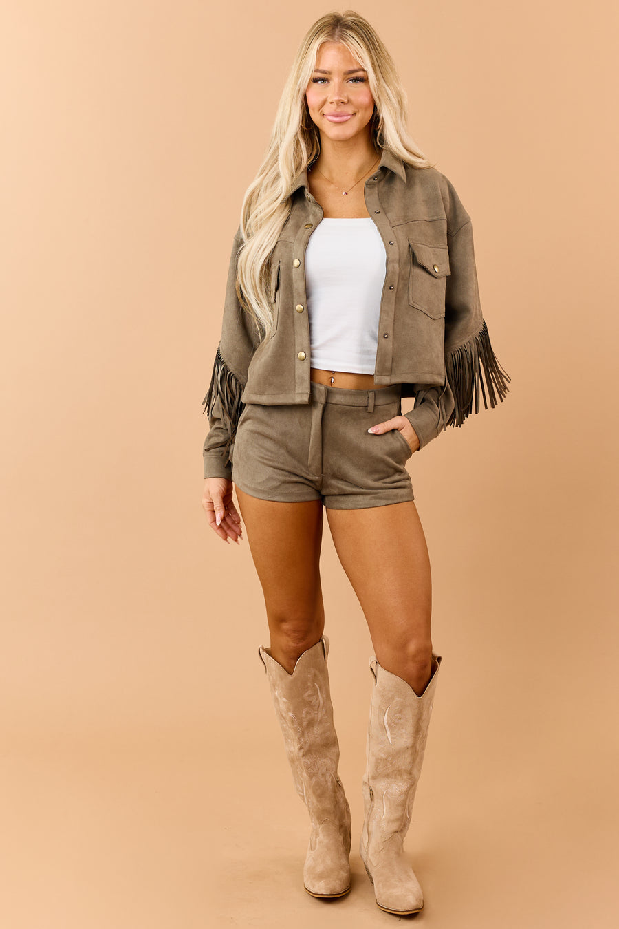 Olive Stretchy Faux Suede High Rise Shorts