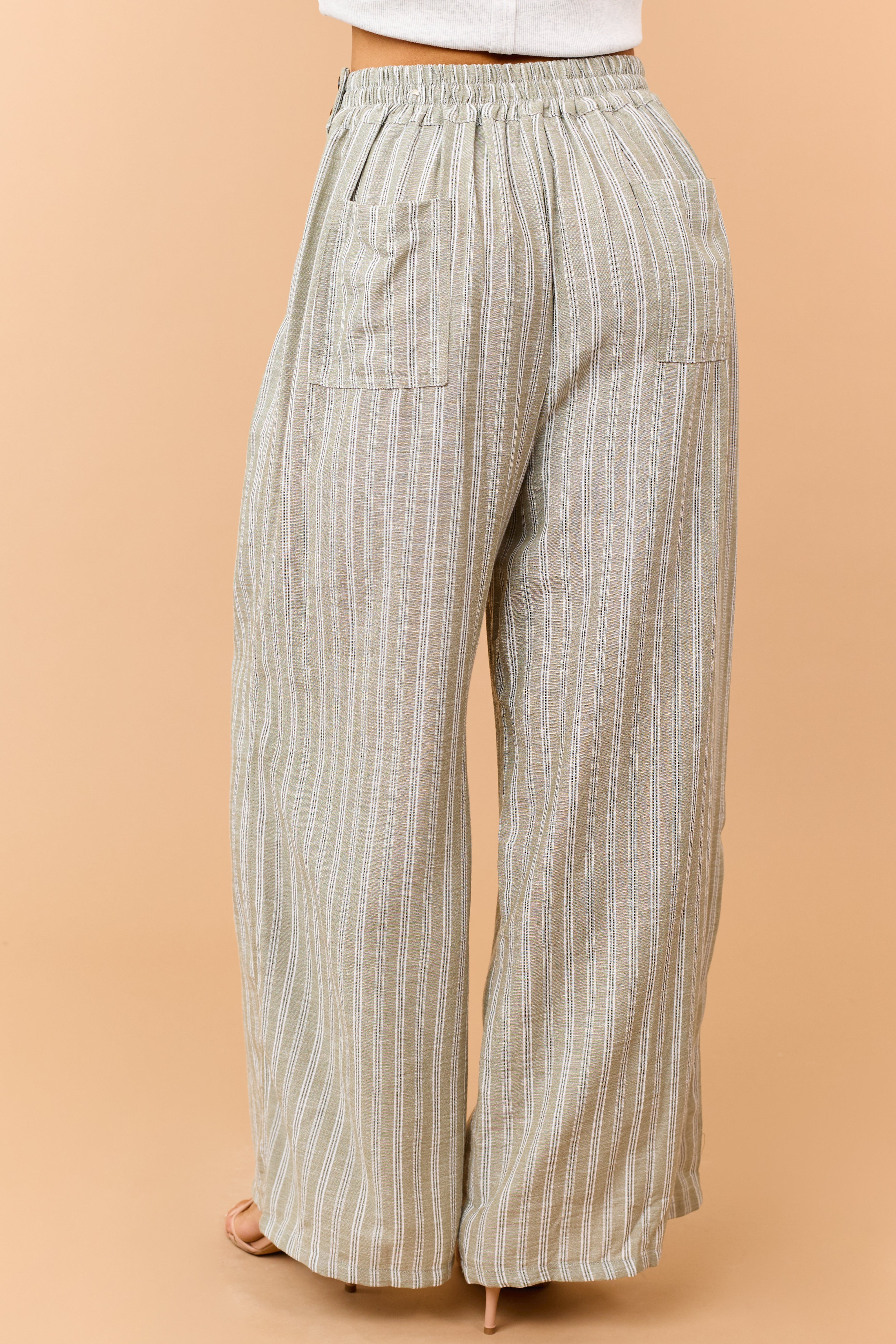 Olive Striped Side Button Down Wide Leg Pants