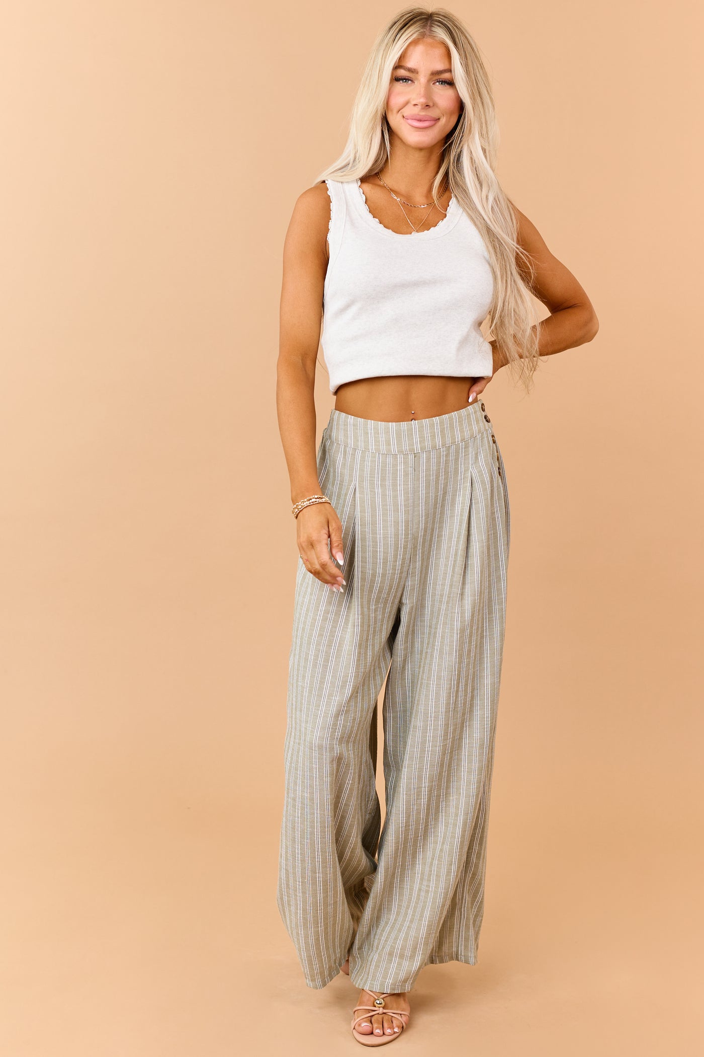 Olive Striped Side Button Down Wide Leg Pants