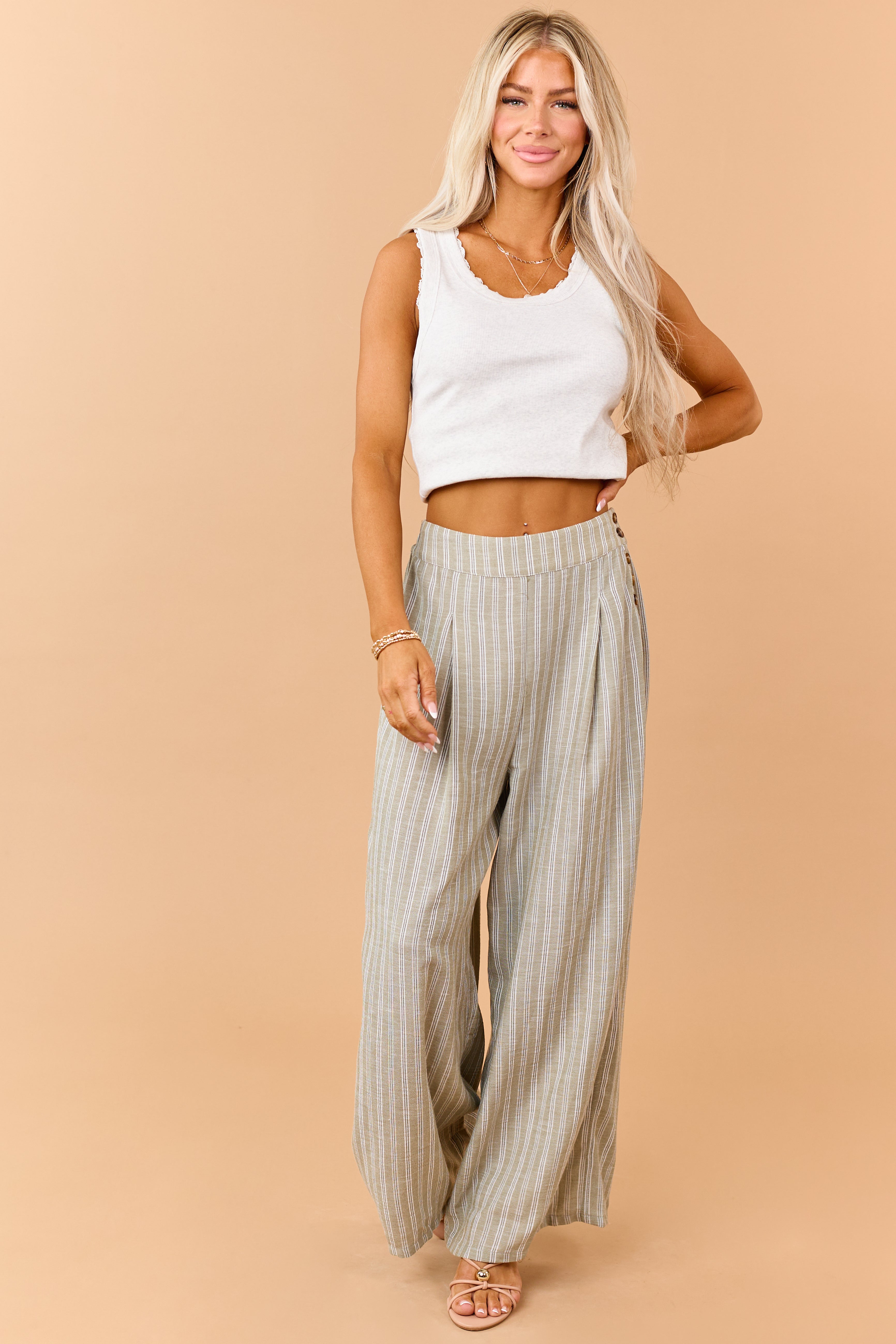 Olive Striped Side Button Down Wide Leg Pants