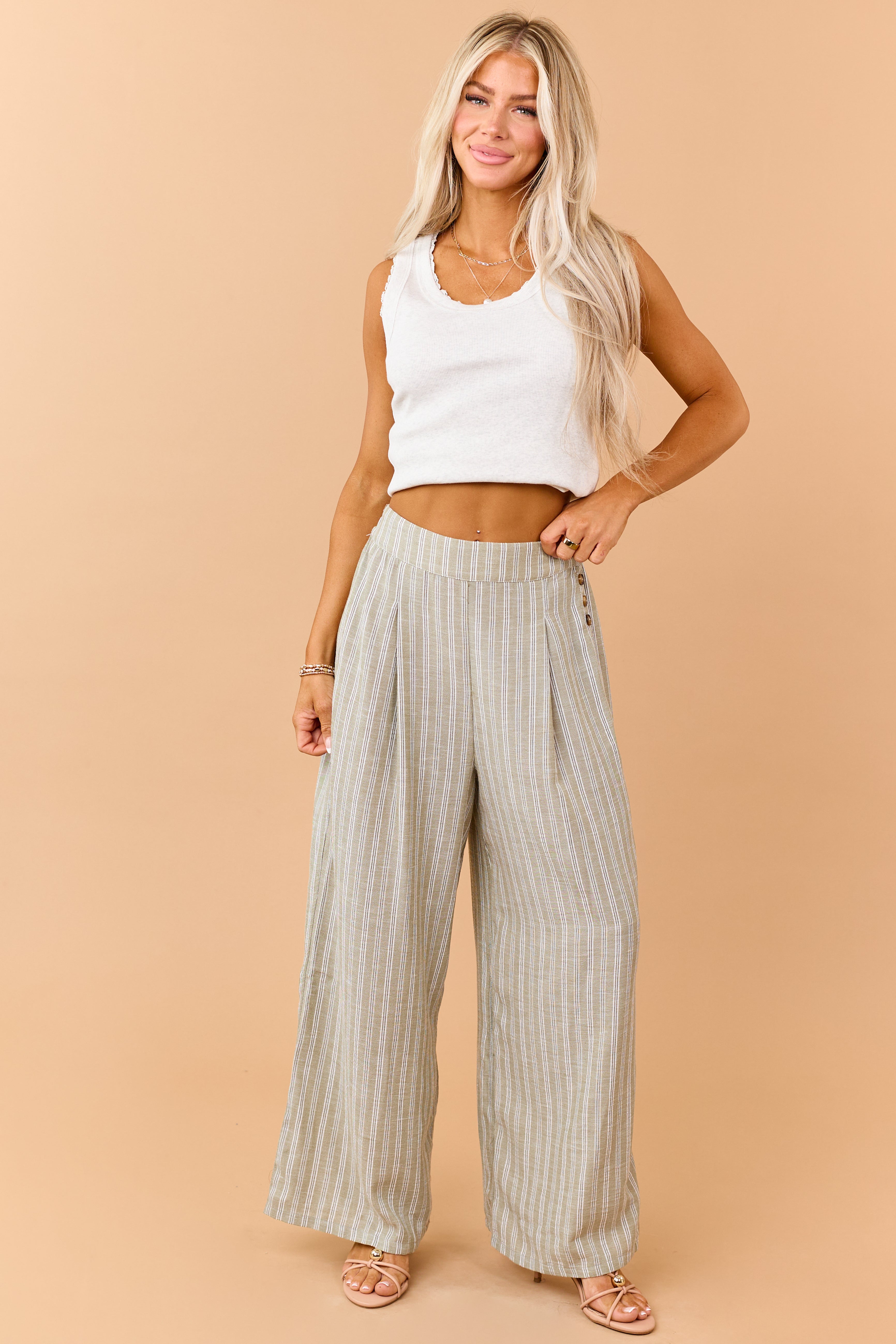 Olive Striped Side Button Down Wide Leg Pants