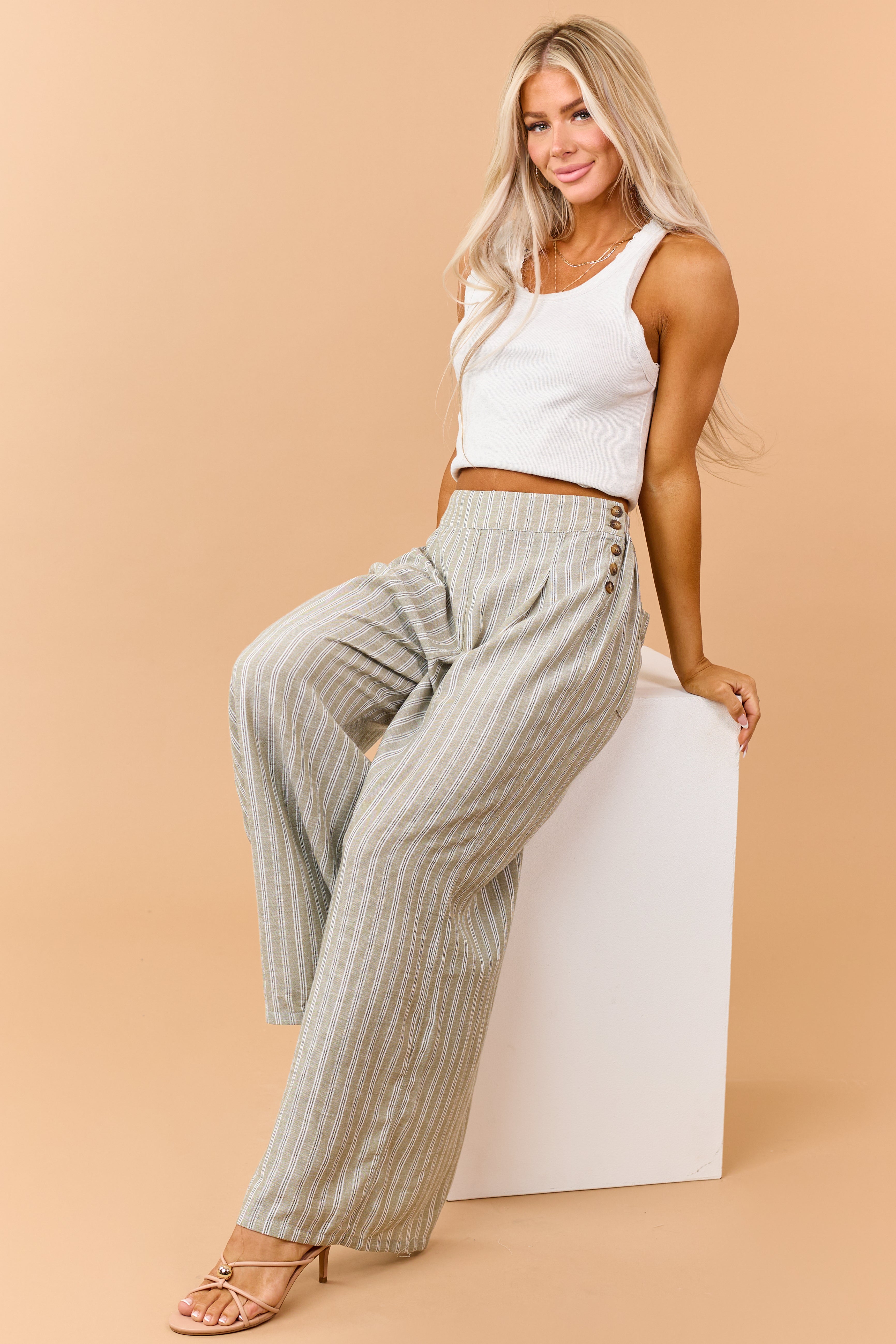 Olive Striped Side Button Down Wide Leg Pants