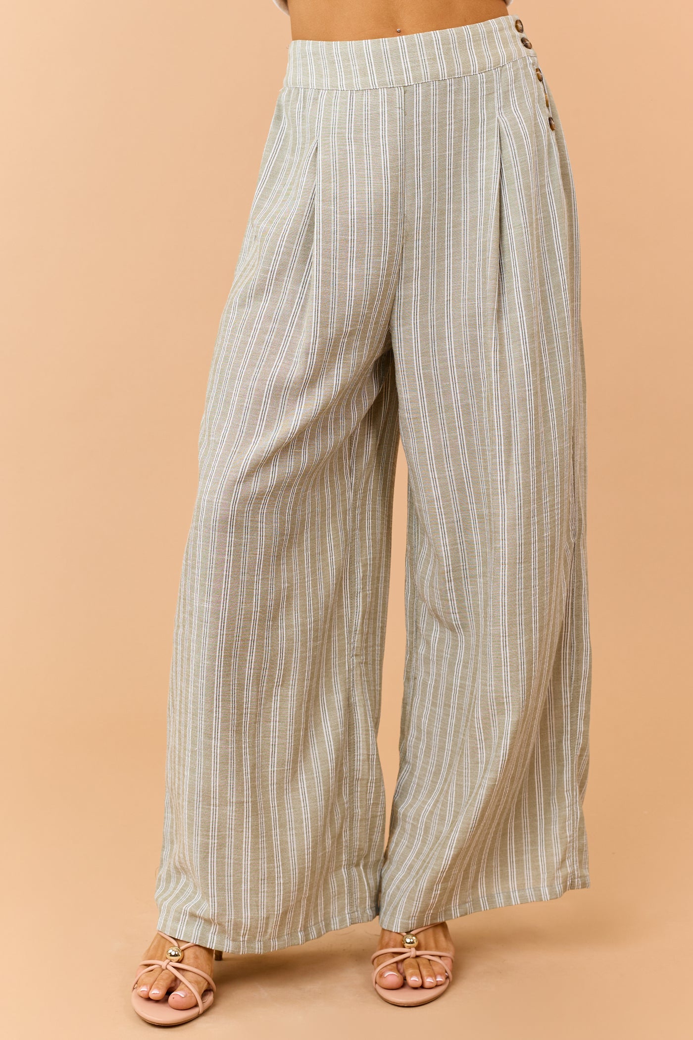 Olive Striped Side Button Down Wide Leg Pants