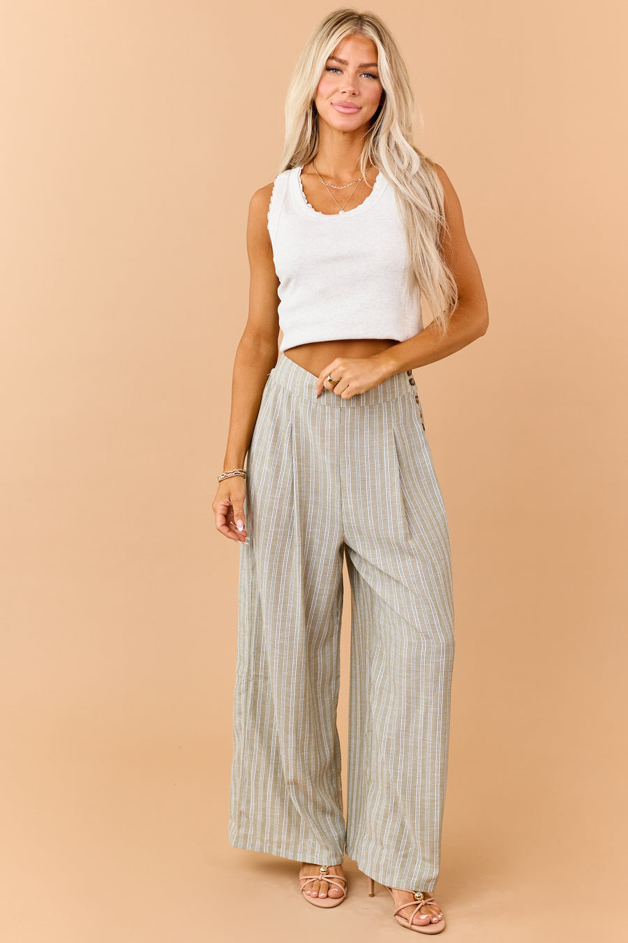 Olive Striped Side Button Down Wide Leg Pants