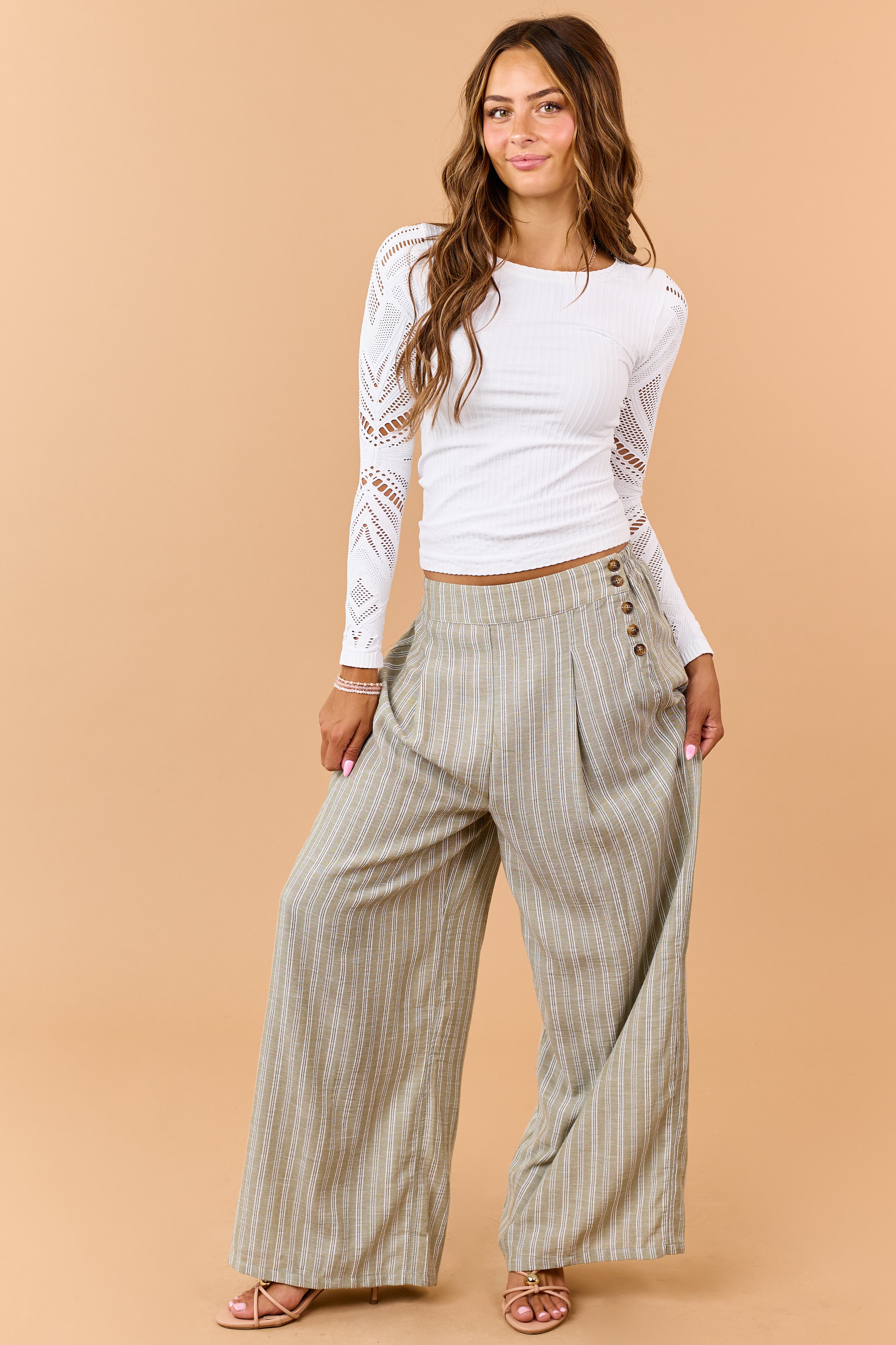 Olive Striped Side Button Down Wide Leg Pants