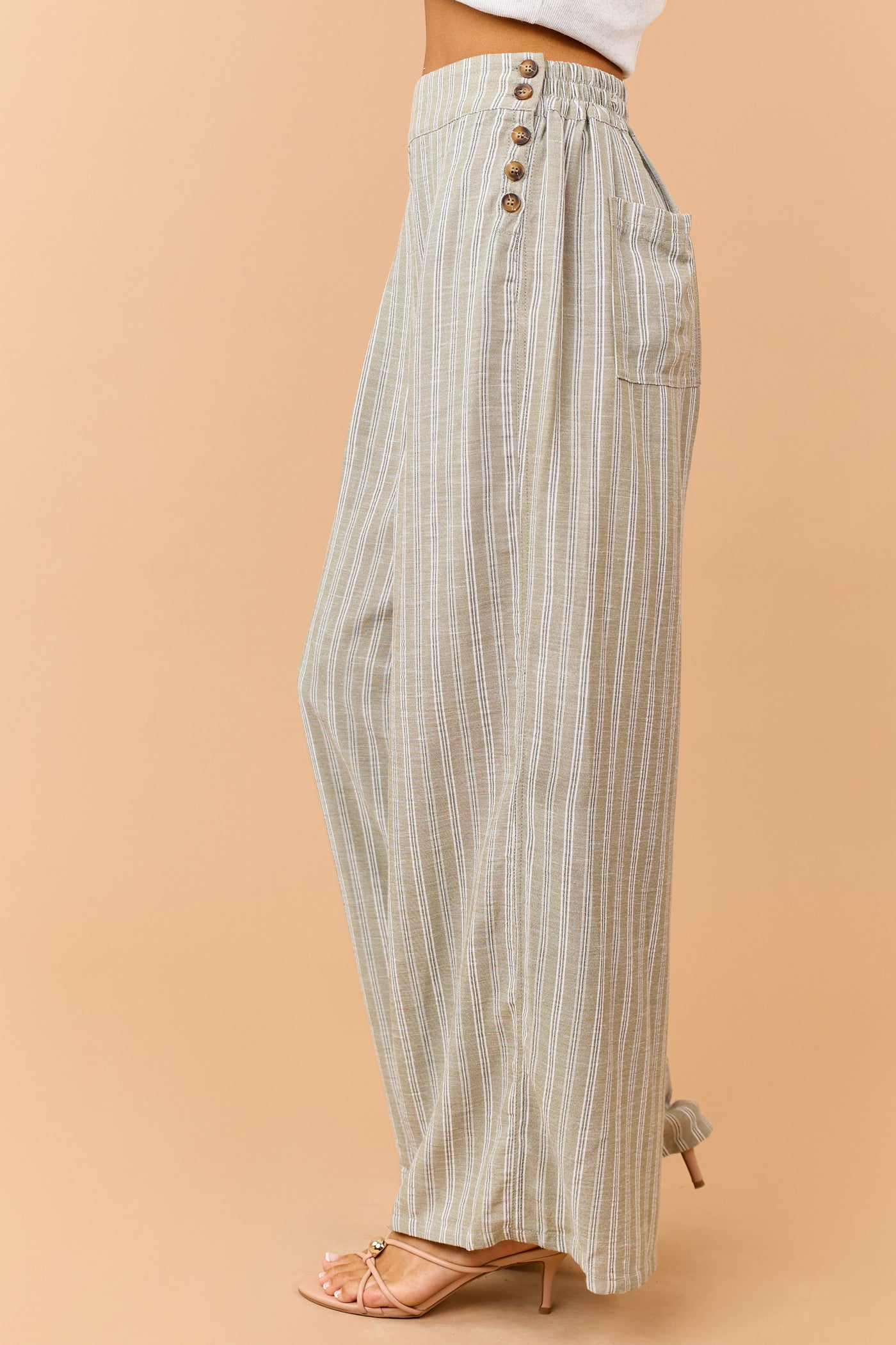 Olive Striped Side Button Down Wide Leg Pants