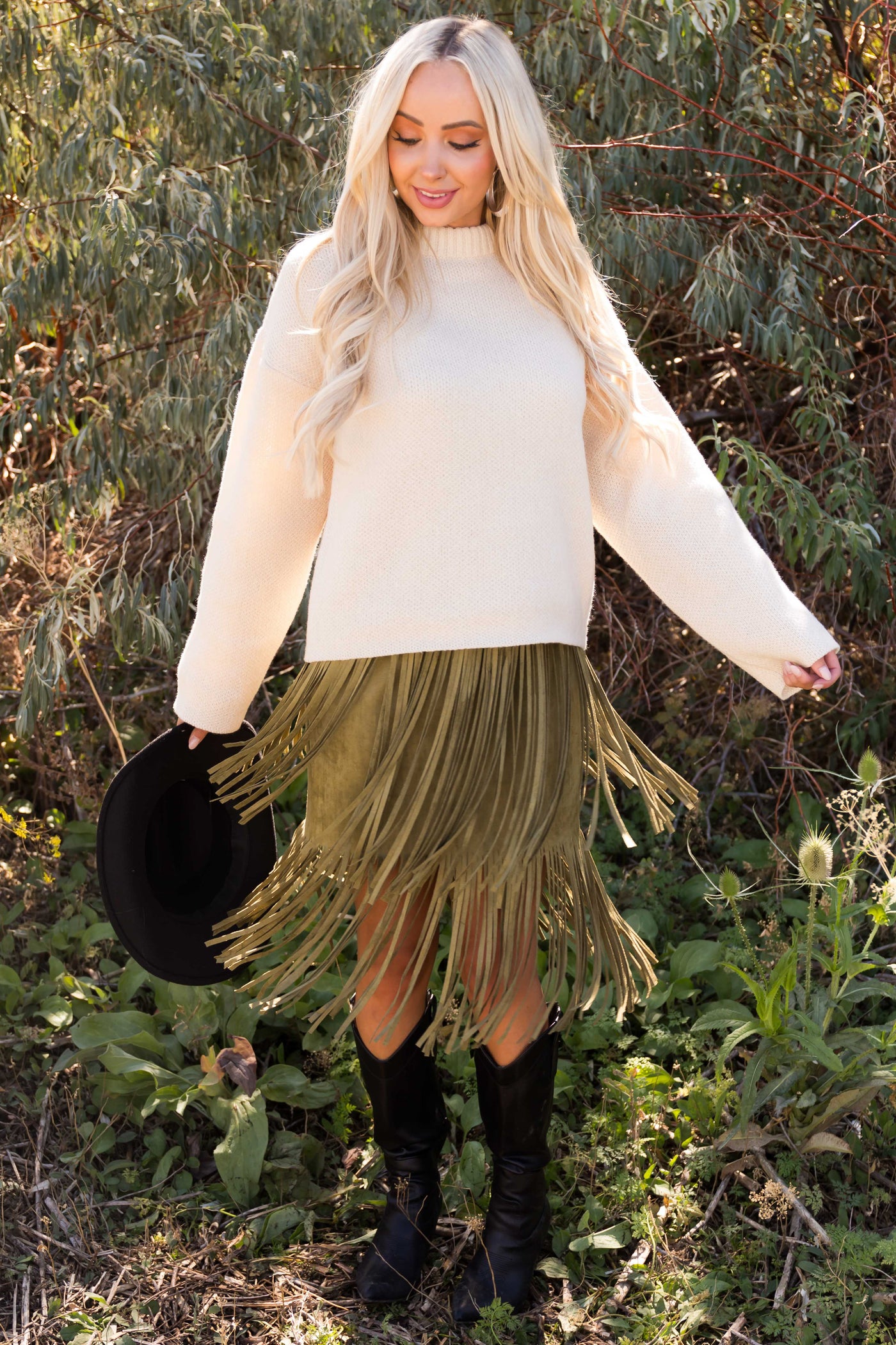 Olive Suede Tiered Fringe Skirt