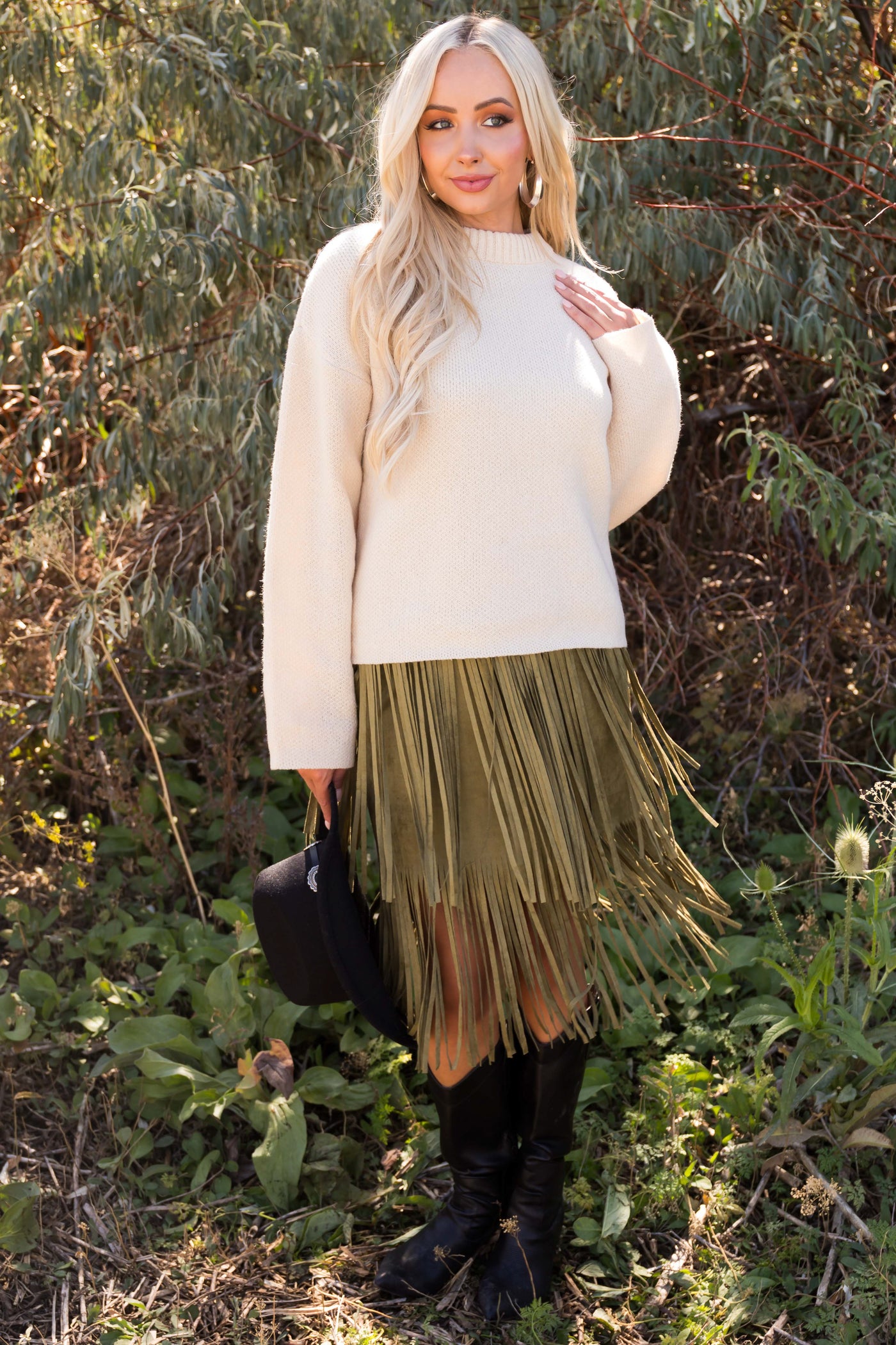 Olive Suede Tiered Fringe Skirt