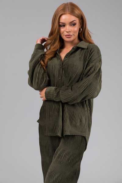 Olive Super Soft Crinkle Velvet Button Top
