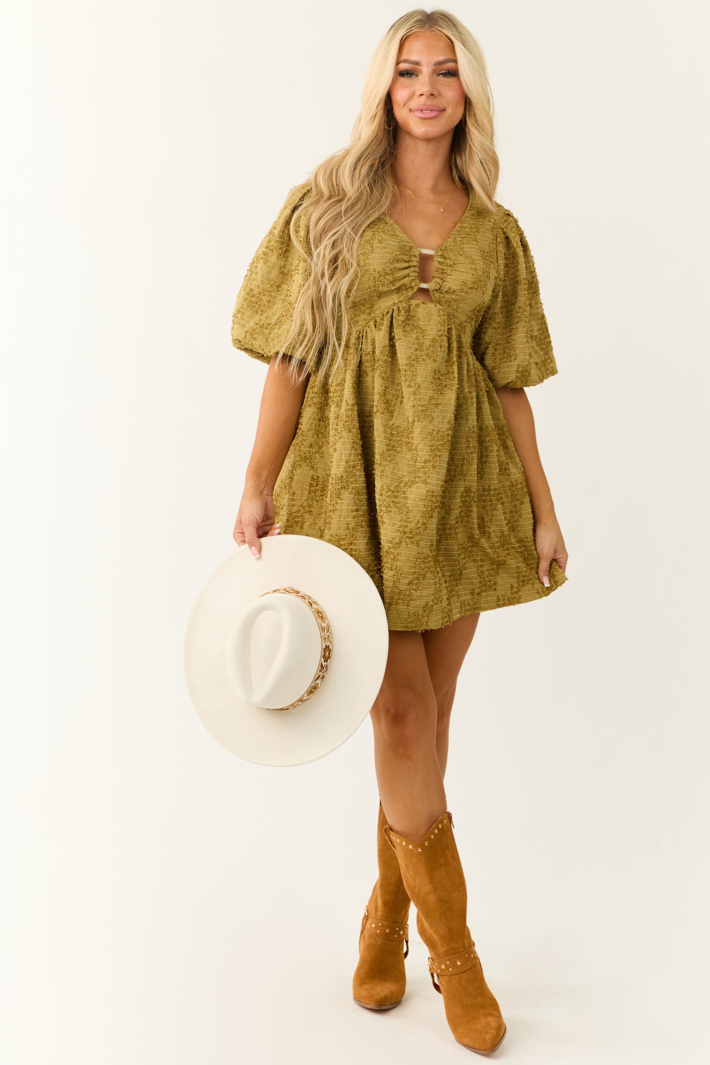 olive green puff sleeve dress Olive Green Pointy Collar Puff Sleeve Dress XX-Large-42