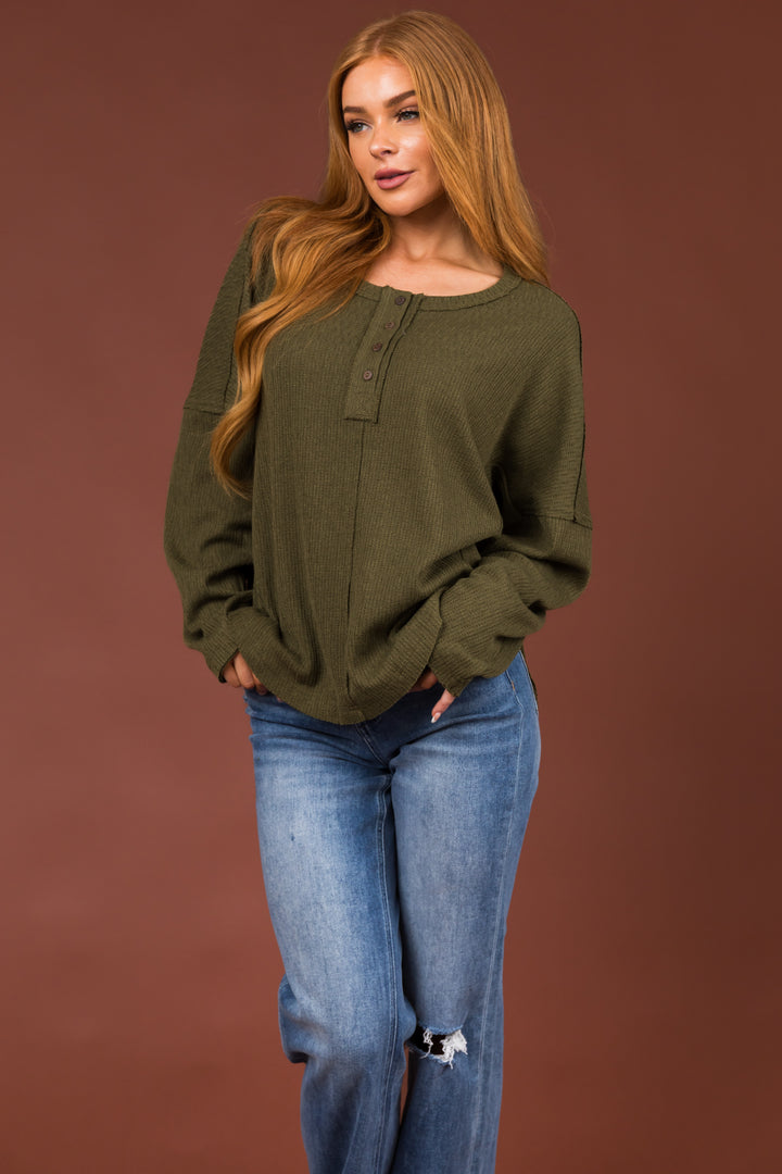 Olive Textured Knit Long Sleeve Henley Top