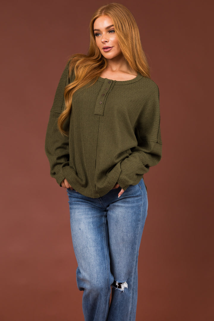 Olive Textured Knit Long Sleeve Henley Top